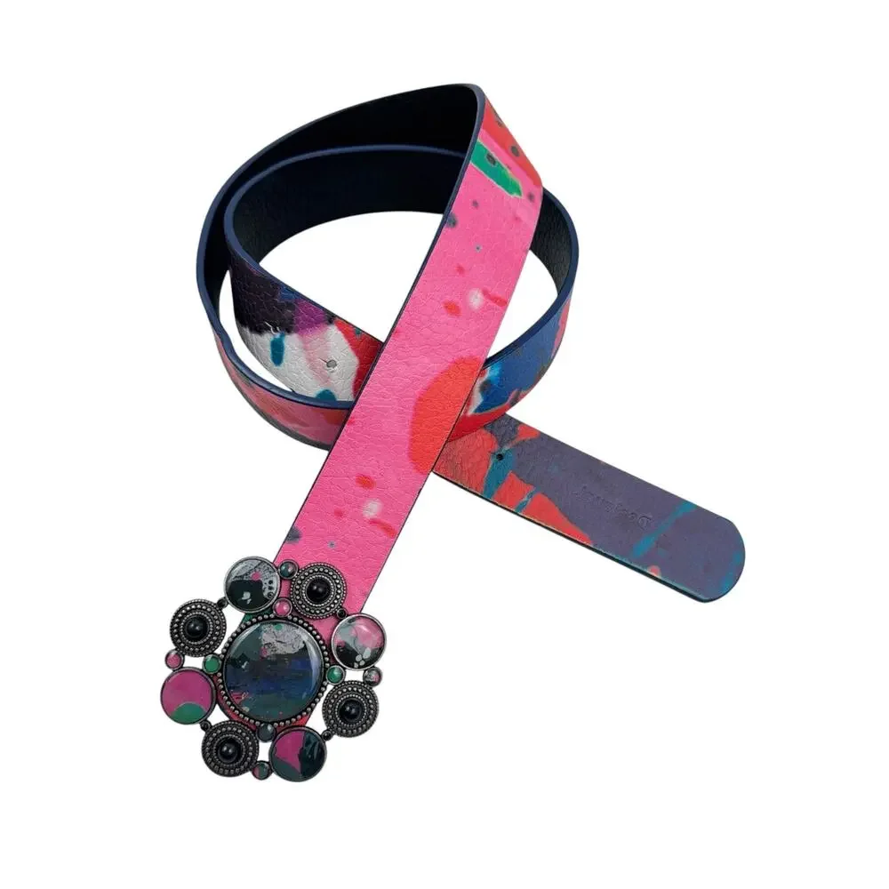 Desigual Reversible Leather Belt Colorful Unique Ornate Metal Buckle